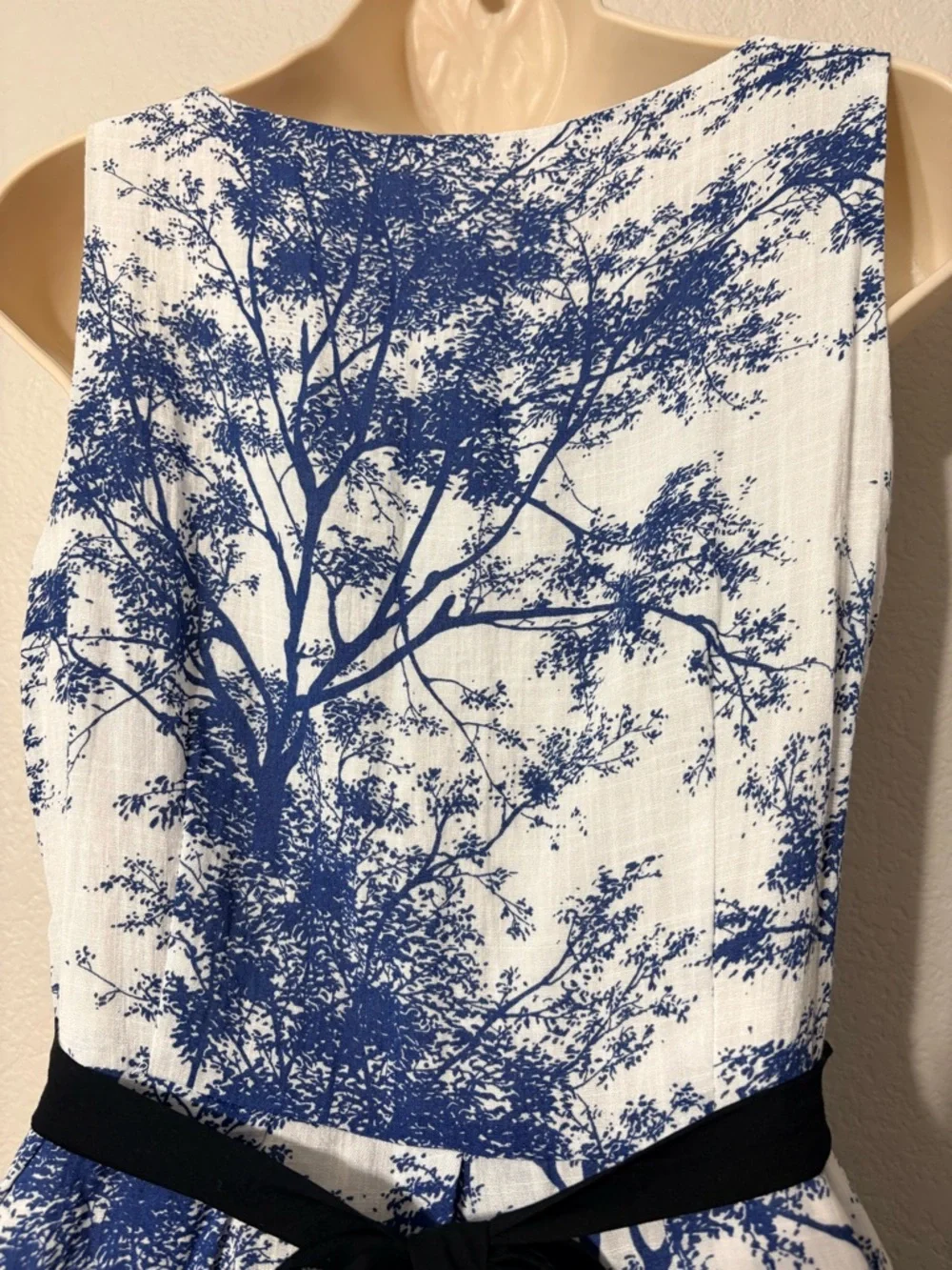 Frock Shop Blue White Toile Tree Print Sleeveless A-line Dress w Black Waist Tie - Picture 8 of 16